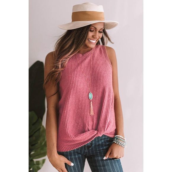 Azura Exchange  Red Twist Knot Waffle Knit Tank Top - Picture 4 of 15